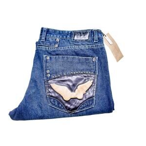 Robin's Jean Croco Blue Cross Dark Wash Denim Jeans Straight/Wide NWT Size 42